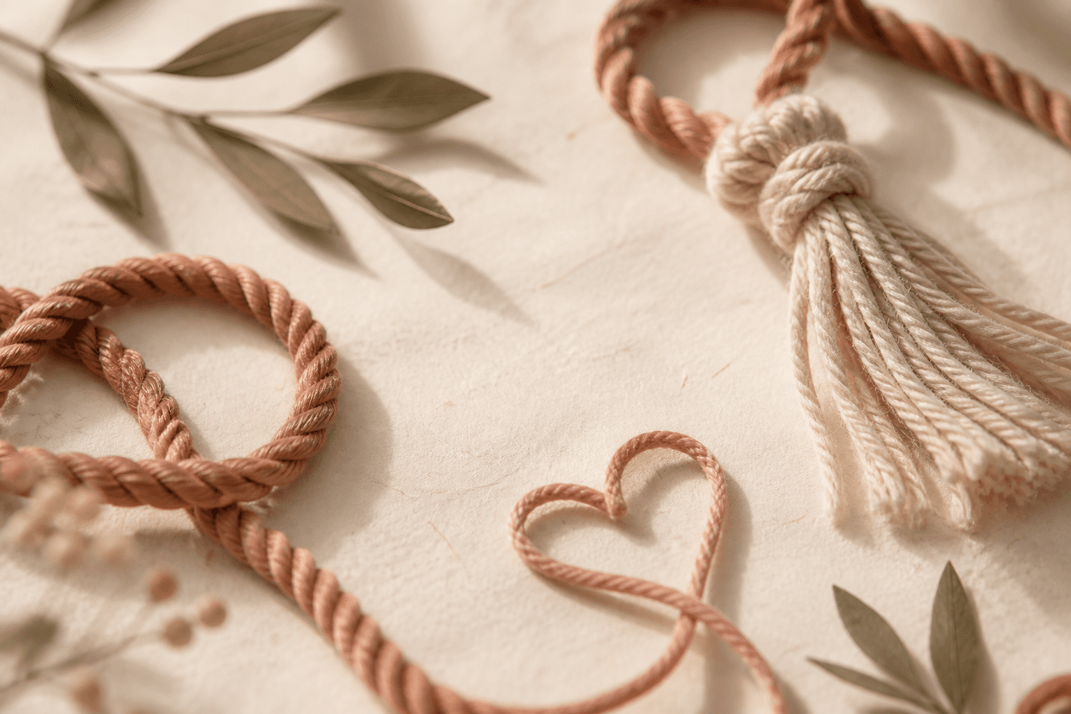 Abstract loops of dusty rose yarn and a cream tassel