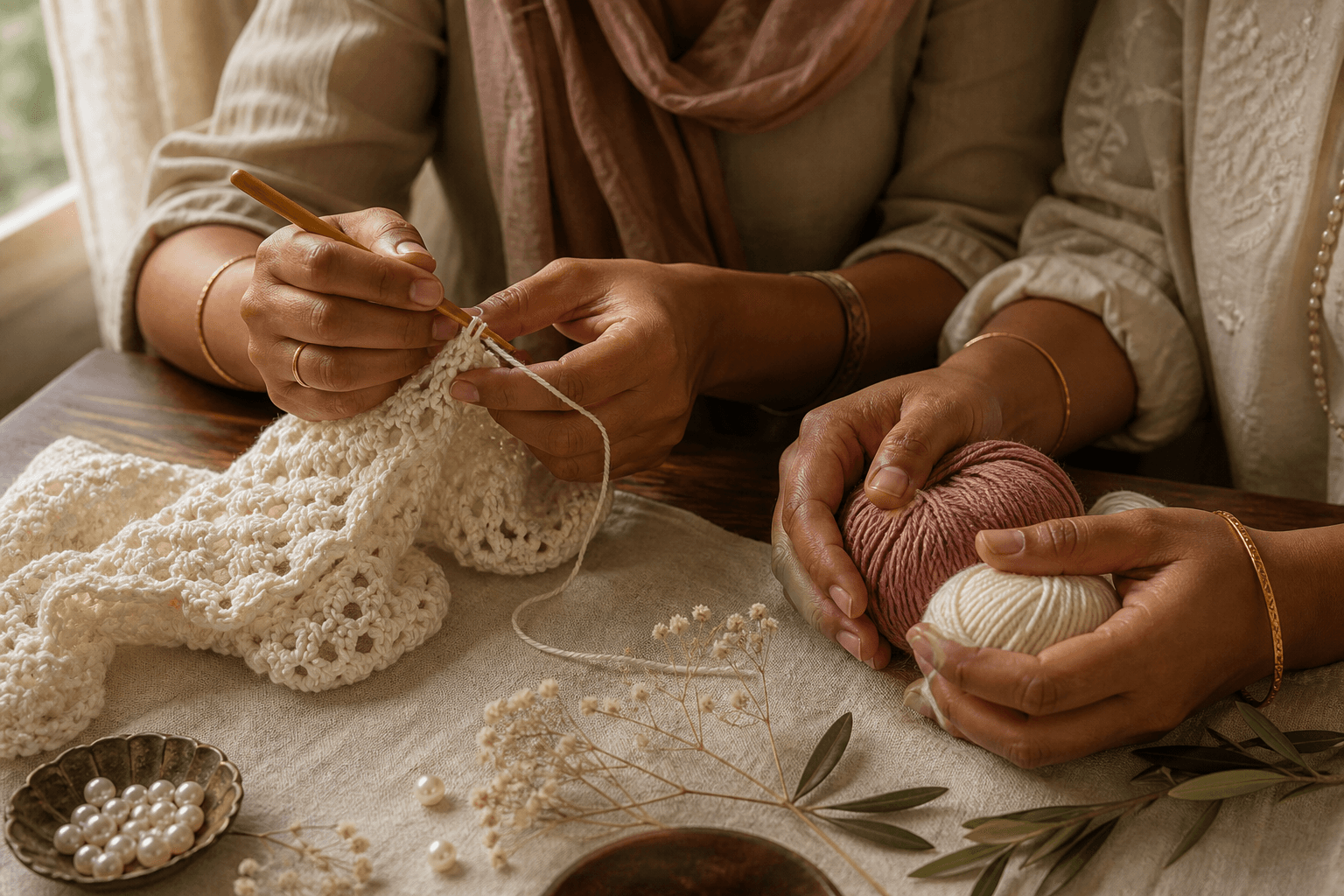Two pairs of hands crocheting together