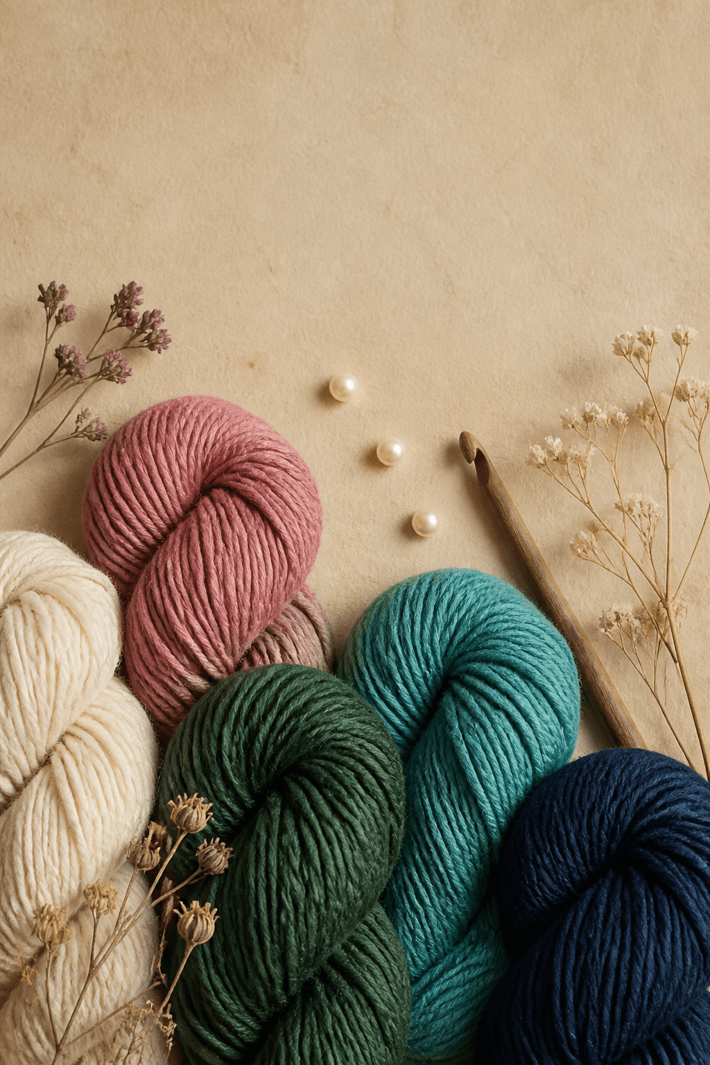 Skeins of cream, rose, green and navy yarn with a crochet hook