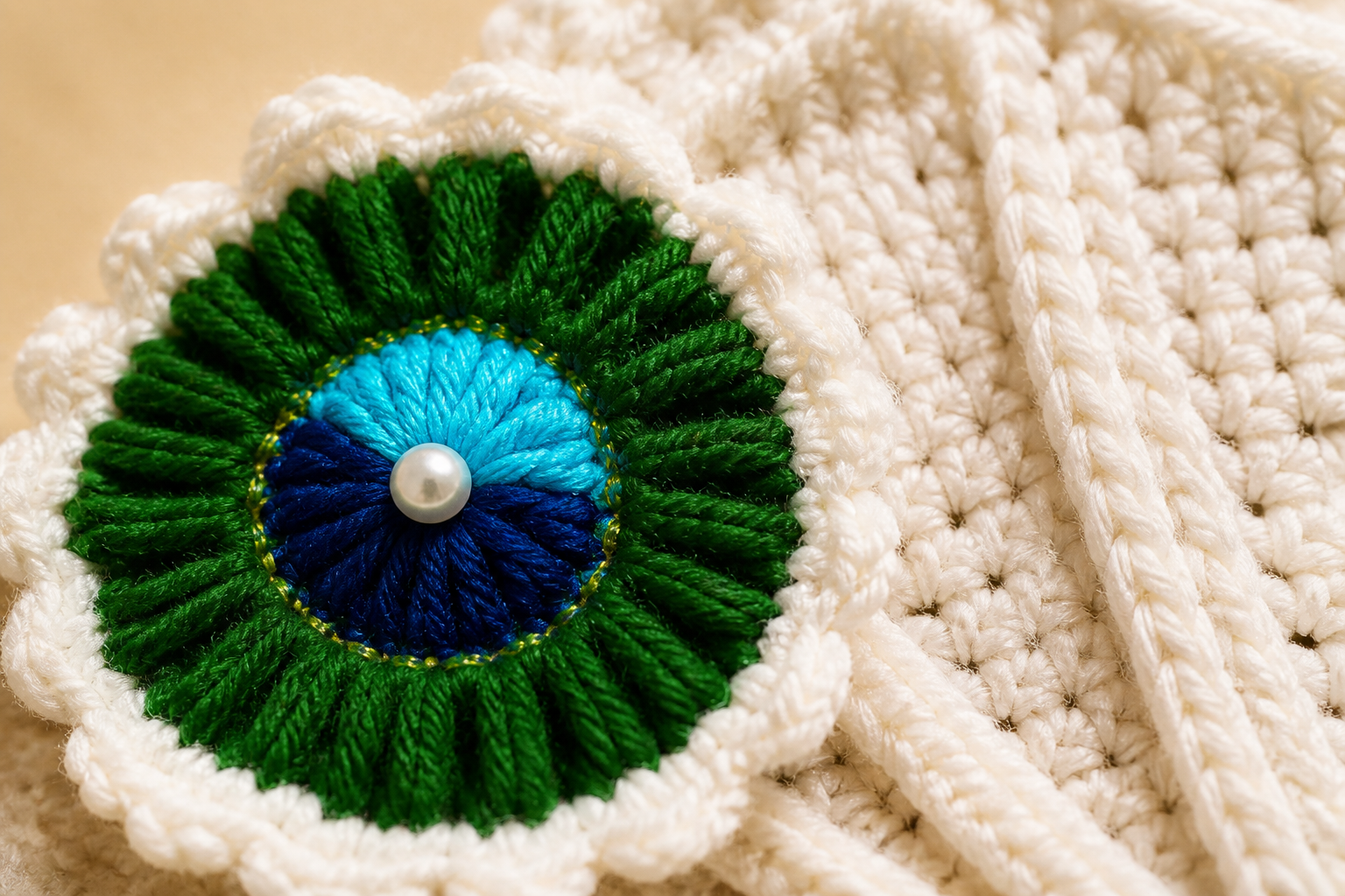 Peacock-eye crochet motif with a pearl at the centre